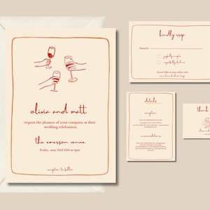 Bruiloft uitnodiging set | Elegante unieke minimalistische huwelijksuitnodiging, ronde rand, stijlvolle cocktails, handgeschreven lettertype, direct downloaden.