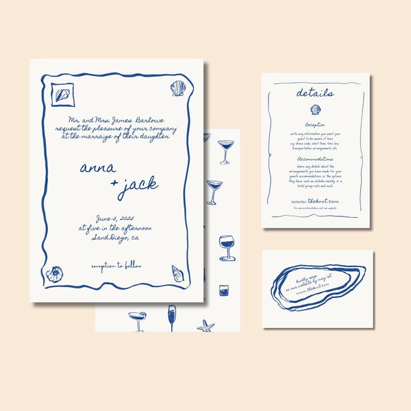 Coastal Wedding Invitation Set, Whimsical Invitations, Artsy, Elevated, Hand Drawn Designs, Digital Template.