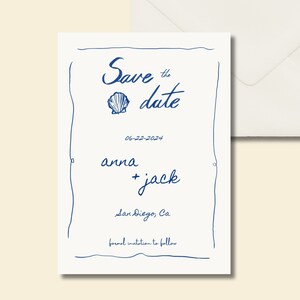 Coastal Save the Date, minimalistisch, grillig, funky hand tekenen, digitale sjabloon.