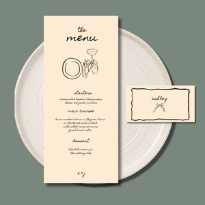 Menú de cena + tarjeta de lugar, diseños únicos dibujados a mano, plantillas elevadas y elegantes, menú digital totalmente editable.