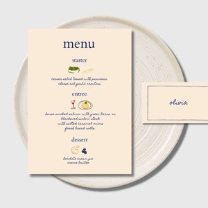 Menu + plaatskaart, kleurrijk, minimalistisch dinermenu, met de hand getekend, schattige ontwerpen, dinerfeestmenu, direct downloaden.