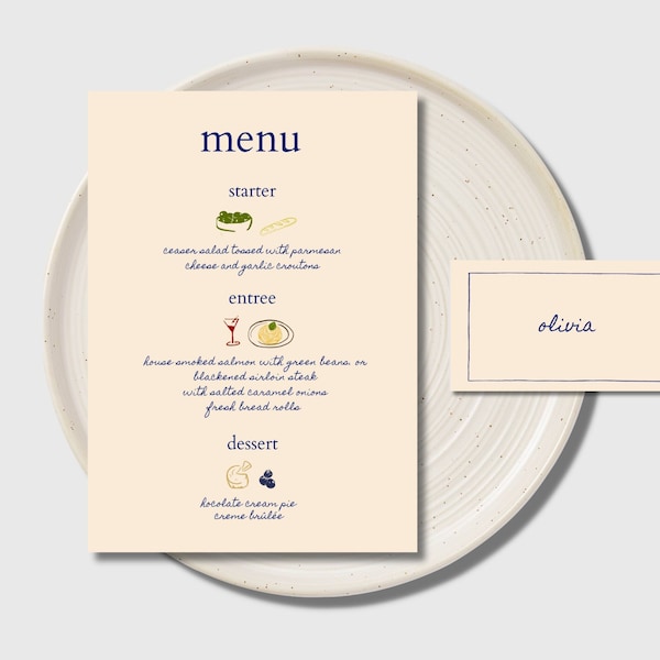 Menu + Place Card, Colorful, Minimalist Dinner Menu, Hand Drawn, Cute Designs, Dinner Party Menu, Instant Download.