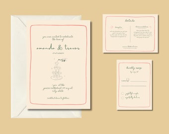 Whimsical Wedding Invitation Set, Hand Drawn Designs, Cute, Colorful Template, Digital Download