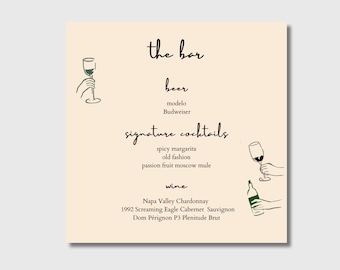 Drink Bar Menu, Hand Drawn, Wedding Drink Menu, Classy, Unique, Squared Menus, Printable and Downloaded File.