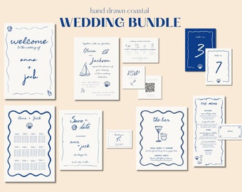 Wedding Stationery Bundle, Coastal and Beach Wedding Inspired, Minimalist, Hand Drawn Invitation