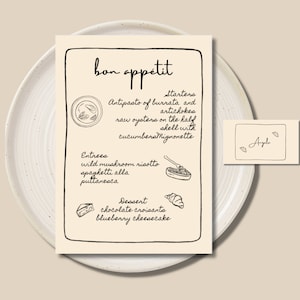 Menü + Platzkarte Vorlage, Funky Hochzeitsmenü, Hand gezeichnet, Hochzeitsprobe Menü, Dinner Party, Sofort Download.