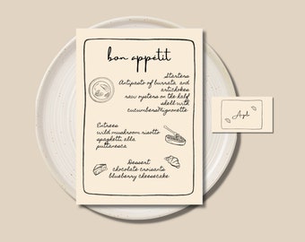 Menu + Place Card Template, Funky Wedding Menu, Whimsical, Hand Drawn, Wedding Rehearsal Menu, Dinner Party, Instant Download.