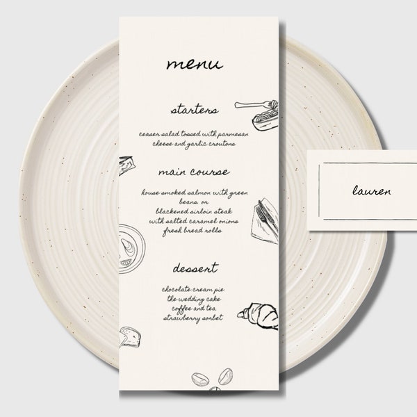 Menu + modèle de marque-place, menu de mariage génial, fantaisiste, dessiné à la main, menu de répétition de mariage, dîner, téléchargement immédiat.