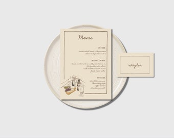 Menu + Place Card Template, Wedding Menu, Whimsical, Hand Drawn, Wedding Rehearsal Menu, Dinner Party, Instant Download.