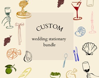 Custom Illustraded Wedding Invitations, Personalized Hand Drawn Wedding Bundles, Unique Stationaries, Digital Download.