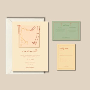 Colorful, Vintage Wedding Invitation Set, Whimsical, Unique, Hand Drawn Illustrations. Digital Download.