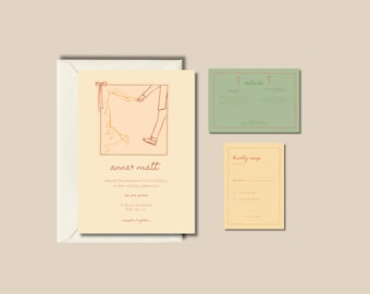 Colorful, Vintage Wedding Invitation Set, Whimsical, Unique, Hand Drawn Illustrations. Digital Download.
