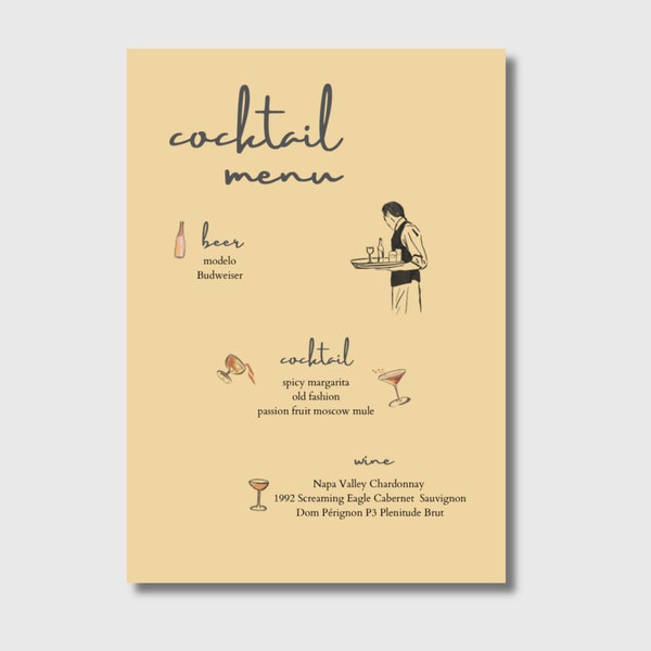 Drink Bar Menu, Wedding Drinks Menu, Cocktail, Colorful, Vintage, Hand Drawn, Whimsical, Cute