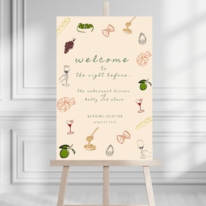 Cartello di benvenuto per cena di prova, cartello di matrimonio, cena, stravagante, divertente, funky, mediterraneo italiano, download digitale
