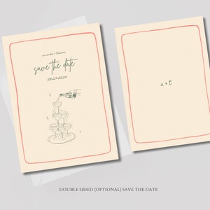 Dubbelzijdig Save The Date, schattig, kleurrijk, grillig, trendy, met de hand getekend. Digitaal downloaden