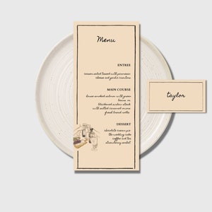 Menü + Tischkartenvorlage, Hochzeitsmenü, Skurril, Handgezeichnet, Hochzeitsprobenmenü, Dinner Party, Sofort Download.