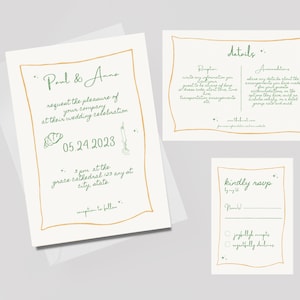 Bruiloft uitnodiging set, handgetekende ontwerpen, leuke en trendy uitnodiging, handgeschreven, grillige en kleurrijke sjablonen.