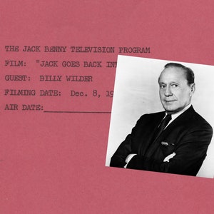 May include: A black and white photo of a man in a suit. The photo is attached to a pink script cover with the text "THE JACK BENNY TELEVISION PROGRAM" and "FILM: "JACK GOES BACK IN" GUEST: BILLY WILDER"  "FILMING DATE: Dec. 8, 19"  "AIR DATE:"  "MAURY"  "PROD. #5258-41"  "FILM #61-18"  "REVISED SCRIPT".
