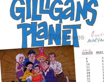Op de afbeelding: Een scriptpagina voor de animatieserie "Gilligan's Island". De pagina toont een scène uit de serie met de personages Gilligan, de Skipper, Mary Ann, Ginger, de Professor en de Howells. De pagina is gedateerd 30 april 1982 en is ondertekend door Tom Ruegger en Dawn Wells.