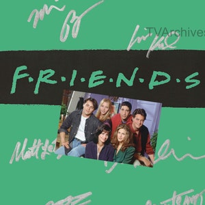 May include: A green background with the title "F.R.I.E.N.D.S" in black text. A photo of the cast of the show is in the center of the image. The names "Matt LeBlanc" and "Courteney Cox" are written in silver ink on the left and right sides of the image. The text "Warner Bros. Television 300 S. Television Plaza Burbank, CA 91505" is in the bottom left corner. The text "EXECUTIVE PRODUCERS Kevin S. Bright Marta Kauffman David Crane" is in the bottom right corner. The text "TVArchives" is in the top right corner and bottom left corner.
