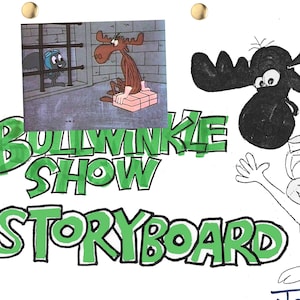 Puede incluir: Un guion gráfico dibujado a mano en verde y blanco para el programa Bullwinkle. El guion gráfico presenta una escena con Bullwinkle y un alce. El texto "Jay Ward" está firmado con tinta azul en la parte inferior de la página.