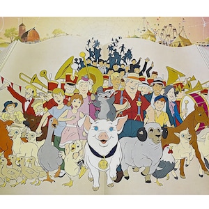 Puede incluir: Una ilustración colorida de un cerdo, una oveja, un ganso, pollos y otros animales de granja con un grupo de personas y una banda de música en el fondo. Los animales están todos sonriendo y parecen estar en una feria o festival.