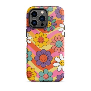 Tough iPhone 14 case - Groovy Smiley Face Flowers - 60s Style - 1960s - Trippy Hippy