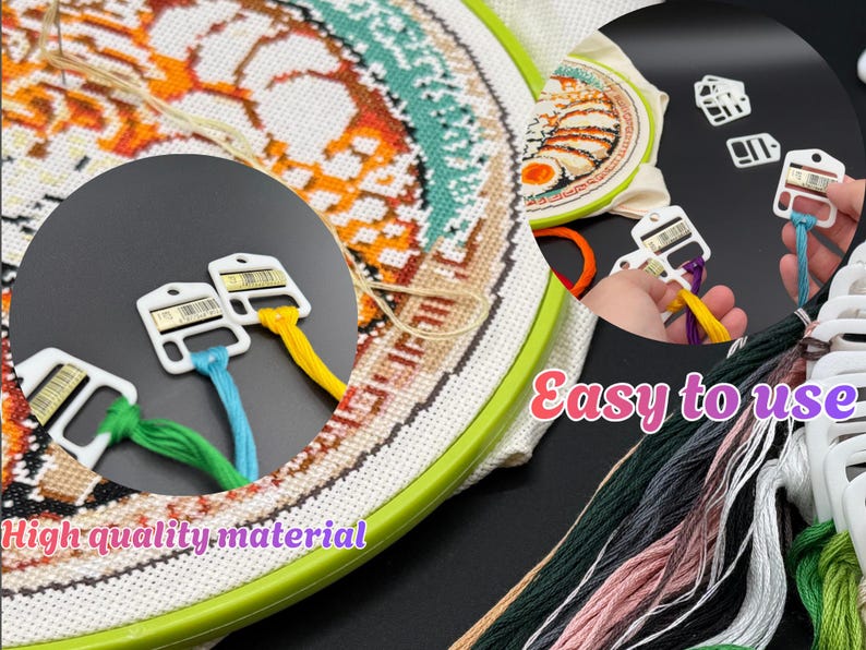 May include: A cross-stitch project in a green plastic embroidery hoop featuring a food-themed pattern with orange, teal, and black thread. White plastic thread organizers hold various colored embroidery floss including yellow, green, and blue.