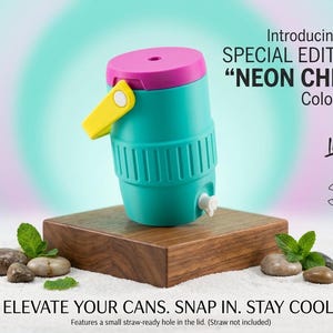 May include: A teal and pink insulated cooler with a yellow handle, featuring the text "NEON CHILL." The cooler has a small straw-ready hole in the lid. The image includes the text "ELEVATE YOUR CANS. SNAP IN. STAY COOL."