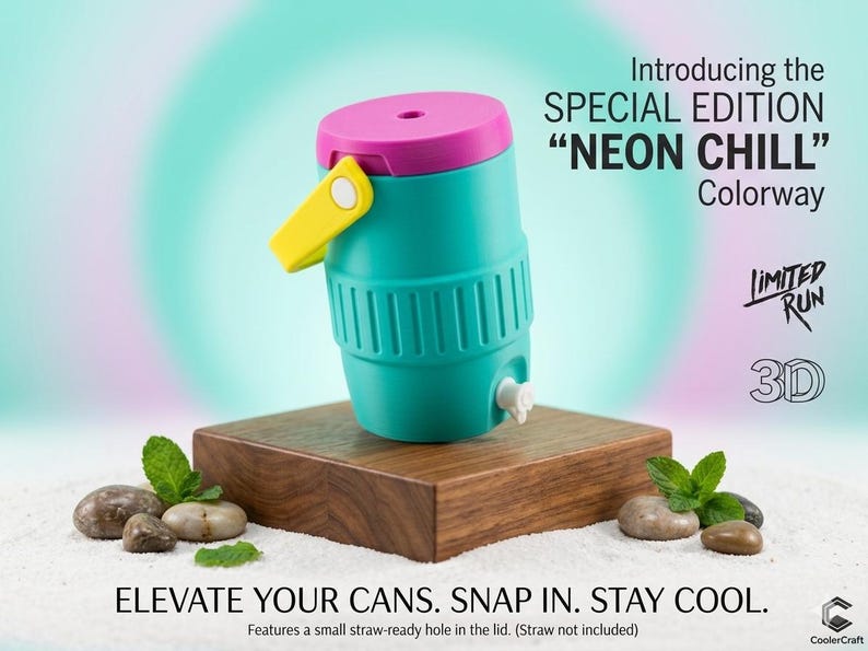 May include: A teal and pink insulated cooler with a yellow handle, featuring the text "NEON CHILL." The cooler has a small straw-ready hole in the lid. The image includes the text "ELEVATE YOUR CANS. SNAP IN. STAY COOL."