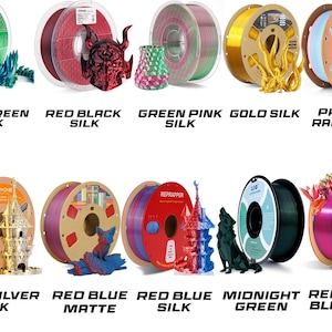 Pu&ograve; includere: Assortimento di 10 bobine di filamento per la stampa 3D. I colori del filamento includono blu verde seta, rosso nero seta, verde rosa seta, oro seta, arcobaleno pastello, oro argento seta, rosso blu opaco, rosso blu seta, verde notte e rosso oro blu seta.
