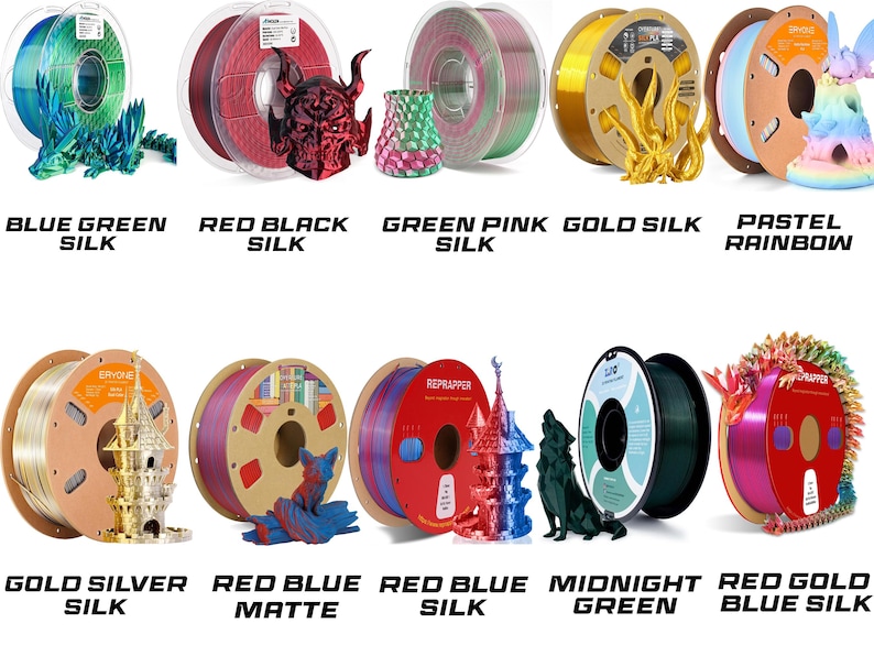 Pu&ograve; includere: Assortimento di 10 bobine di filamento per la stampa 3D. I colori del filamento includono blu verde seta, rosso nero seta, verde rosa seta, oro seta, arcobaleno pastello, oro argento seta, rosso blu opaco, rosso blu seta, verde notte e rosso oro blu seta.