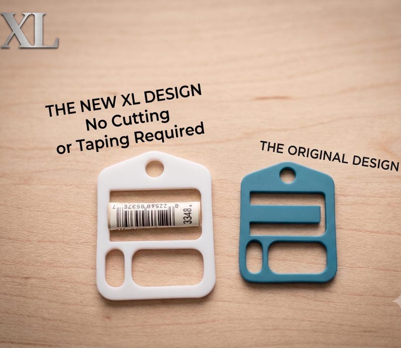 May include: A white XL design plastic fastener with a barcode label and a teal original design fastener. Text reads: XL, THE NEW XL DESIGN No Cutting or Taping Required, and THE ORIGINAL DESIGN. Both items feature a house-shaped top with a hole.
