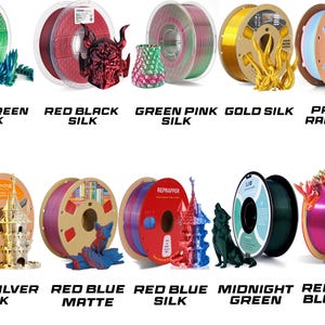 May include: A collection of ten 3D printer filament spools in various colors and finishes, including blue-green, red-black, green-pink, gold, pastel rainbow, gold-silver, red-blue, midnight green, and red-gold-blue, each paired with a 3D printed model.