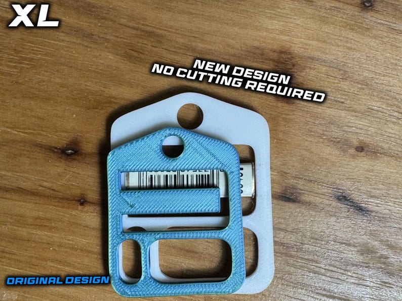 May include: A light blue 3D-printed plastic component with a rectangular frame and internal bars, layered over a white backing plate. Text on the image reads XL, NEW DESIGN NO CUTTING REQUIRED, and ORIGINAL DESIGN. The item features circular holes.