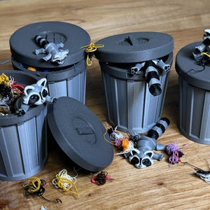 3D Printed Cuddly Articulating Trash Pandas (2 Count) with Locking Garbage can and Trash, Stress Toy, Mini Animals, Fun for Kids and Adults
