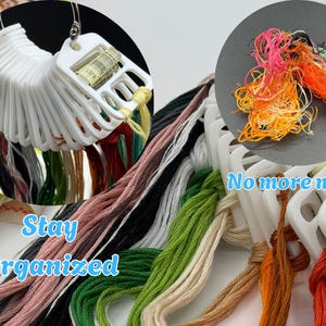 May include: A set of white plastic embroidery floss bobbins organized on a metal ring, holding various colors of thread including black, pink, green, and orange. The text Stay Organized and No more mess is printed in blue on the image.