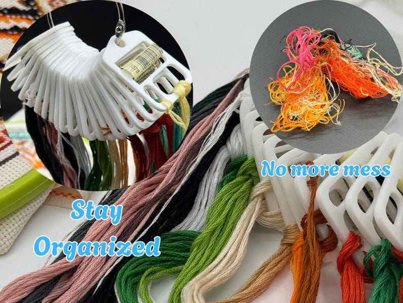 May include: A set of white plastic embroidery floss bobbins organized on a metal ring, holding various colors of thread including black, pink, green, and orange. The text Stay Organized and No more mess is printed in blue on the image.