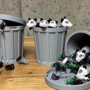 3D Printed Cute  Articulating Opossums (2Count) with Locking Trash Can  - Adorable and Functional Miniature Set, Desk Toys, Stress relief,