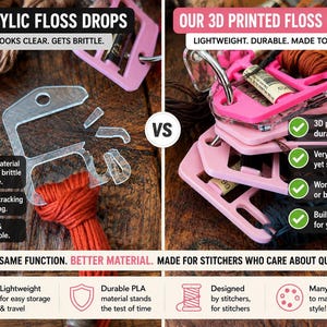 May include: A comparison graphic showing clear acrylic floss drops that are prone to cracking versus pink 3D printed PLA floss drops. The image includes text labels detailing the durability, weight, and material differences for embroidery thread storage.