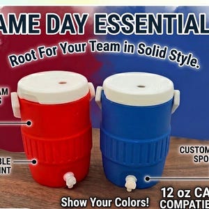 May include: Red and blue beverage coolers with white lids and spouts. The image includes the text "GAME DAY ESSENTIALS!" and "Root For Your Team in Solid Style." Features include "BOLD TEAM COLORS," "DURABLE 3D-PRINT," and "CUSTOMIZABLE SPOUTS."