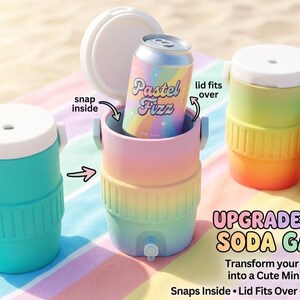 May include: A collection of colorful mini-coolers in shades of teal, pink, yellow, and orange, designed to hold 12oz cans. One cooler is open, revealing a can of "Pastel Fizz". The text "UPGRADE YOUR SODA GAME!" is visible.