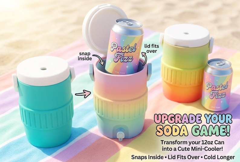 May include: A collection of colorful mini-coolers in shades of teal, pink, yellow, and orange, designed to hold 12oz cans. One cooler is open, revealing a can of "Pastel Fizz". The text "UPGRADE YOUR SODA GAME!" is visible.