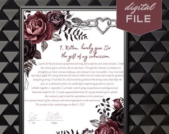 Contrato D/s digital personalizado con firmas / Regalo BDSM / Contrato dinámico decorativo / Regalo de sub aniversario Dom / Kink romántico