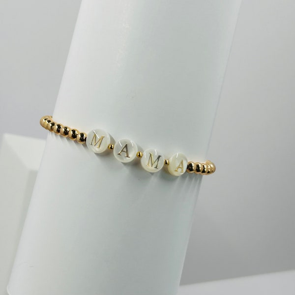 MAMA Bracelet |Mother of Pearl Name Bead Bracelets |4mm Beaded Bracelet |18K Gold Beads |Birthday Gift |Gift for Mom| Mother’s Day |