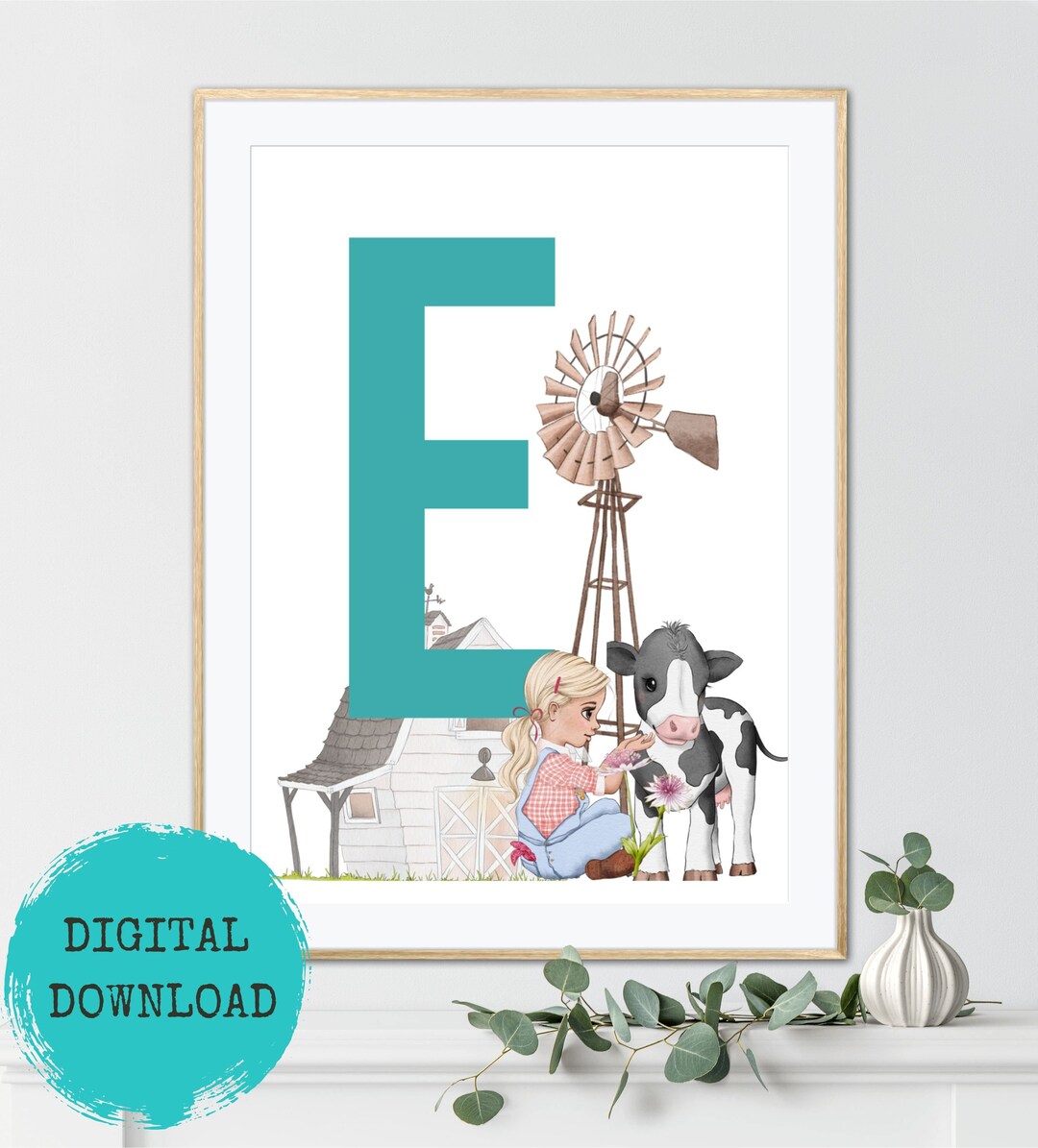 Nursery Letter E Wall Art, Farm Animal Nursery Wall Art, Nursery Prints