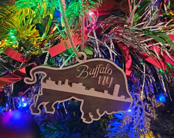 Buffalo Ornament Engraved Wooden City Skyline Bison