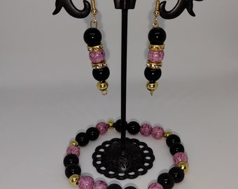 Black Obsidian and Pink Swirl Bracelet with Free Earrings