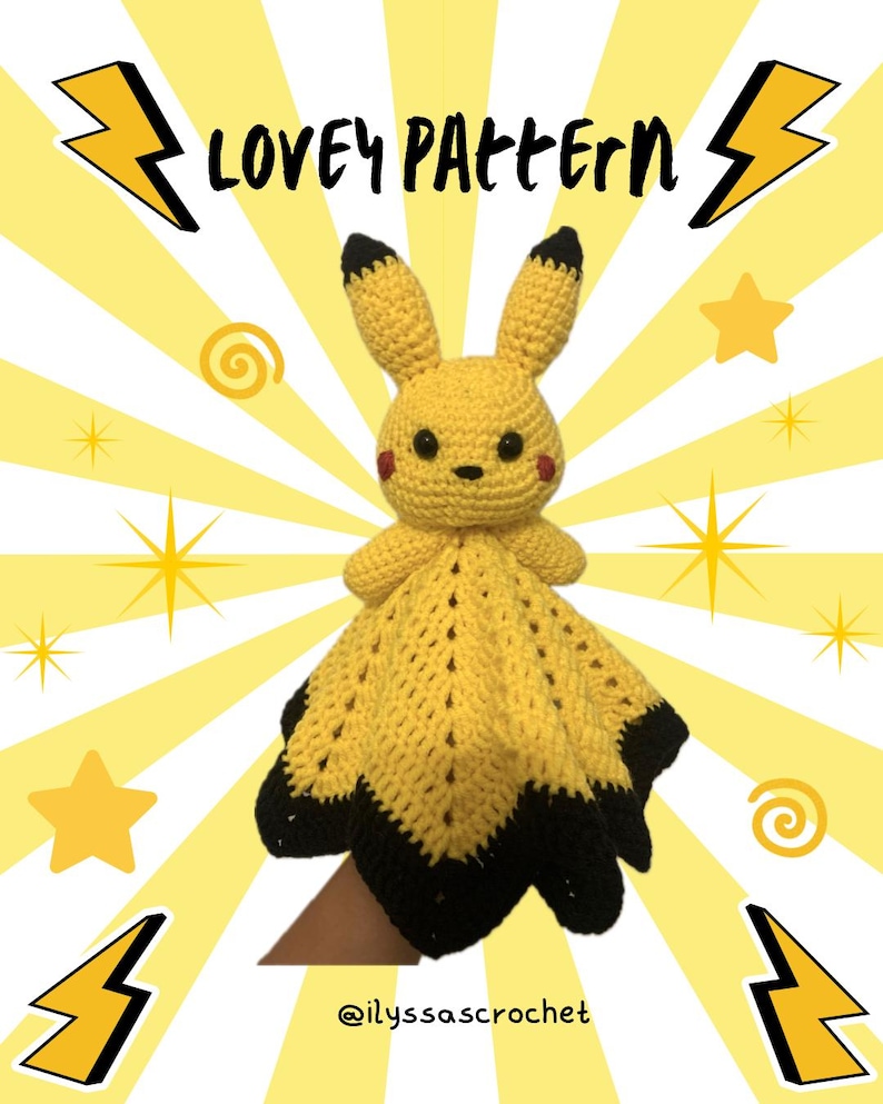 May include: A yellow and black crocheted lovey featuring a character head with long ears, black-tipped ears, and round black eyes. The body is a yellow crocheted blanket with a black border. The text LOVEY PATTERN and @ilyssascrochet are visible.