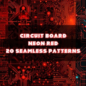 Puede incluir: 20 patrones sin costuras de placas de circuito rojo neón. Los patrones son abstractos y geométricos, con un toque futurista y tecnológico.